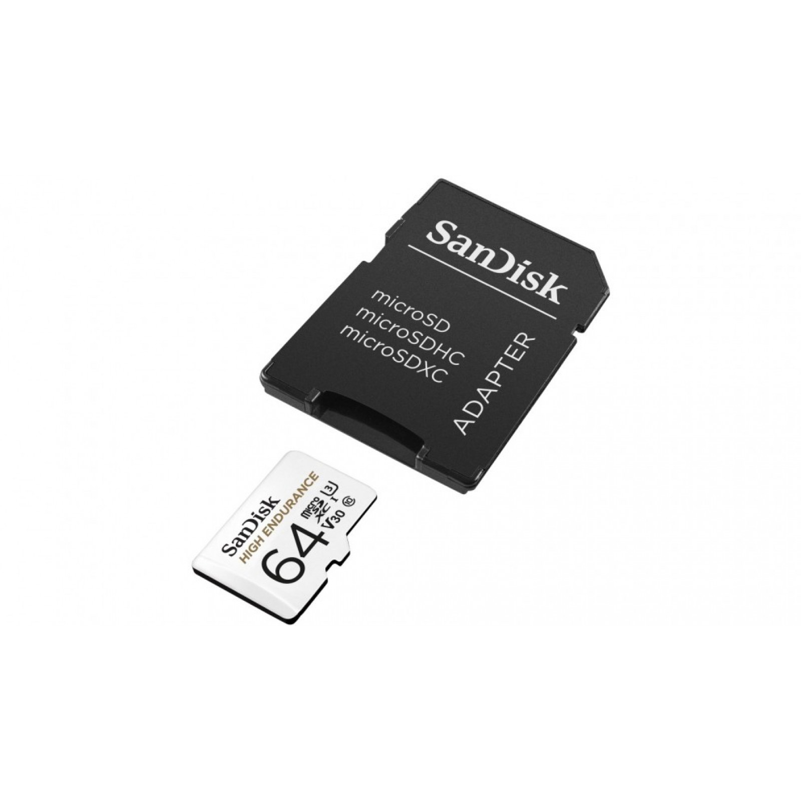 Мемори карта SanDisk High Endurance microSDXC 64GB + SD Adapter - for dash cams and home monitoring, up to 5,000 Hours, Full HD / 4K videos, up to 100/40 MB/s Read/Write speeds, C10, U3, V30