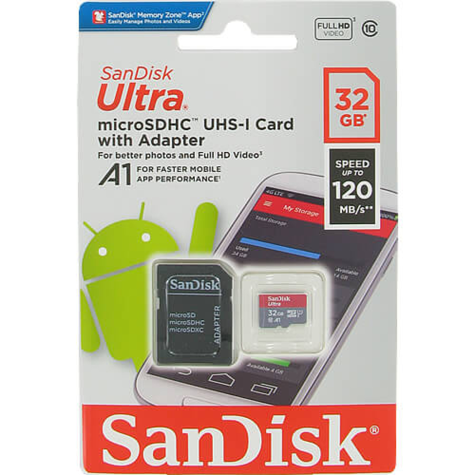 Мемори карта  SanDisk Ultra microSDHC 32GB + SD Adapter 120MB/s  A1 Class 10 UHS-I,