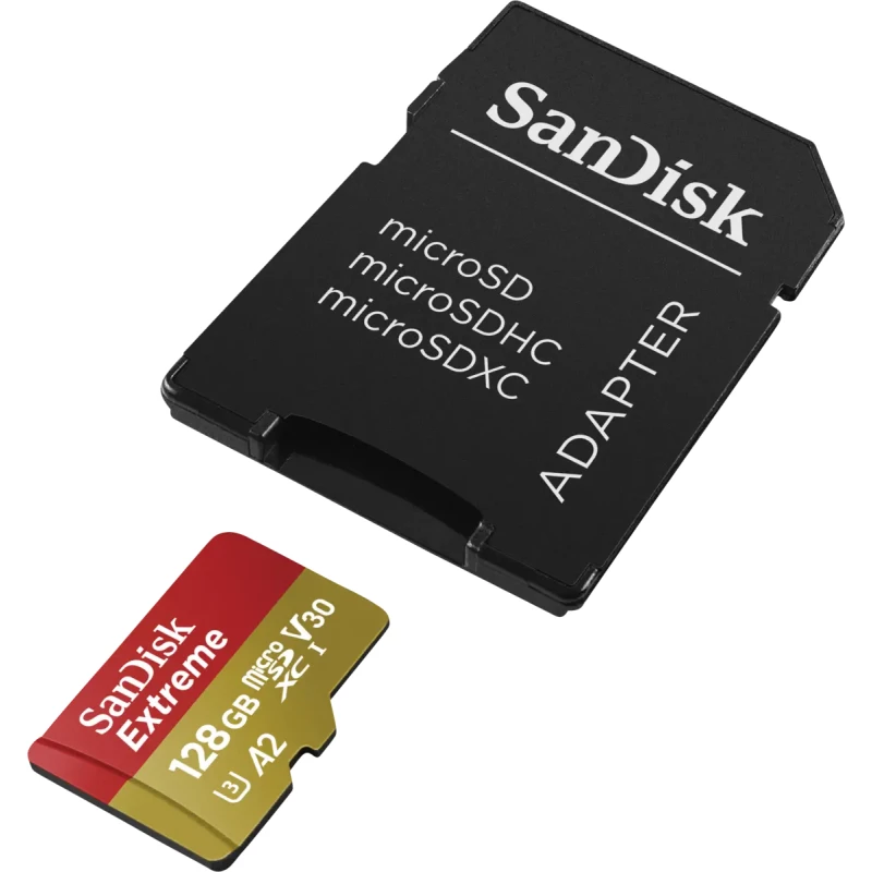 Мемори карта  SanDisk Extreme microSDXC 128GB + SD Adapter + 1 year RescuePRO Deluxe up to 190MB/s  90MB/s Read/Write speeds A2 C10 V30 UHS-I U3,