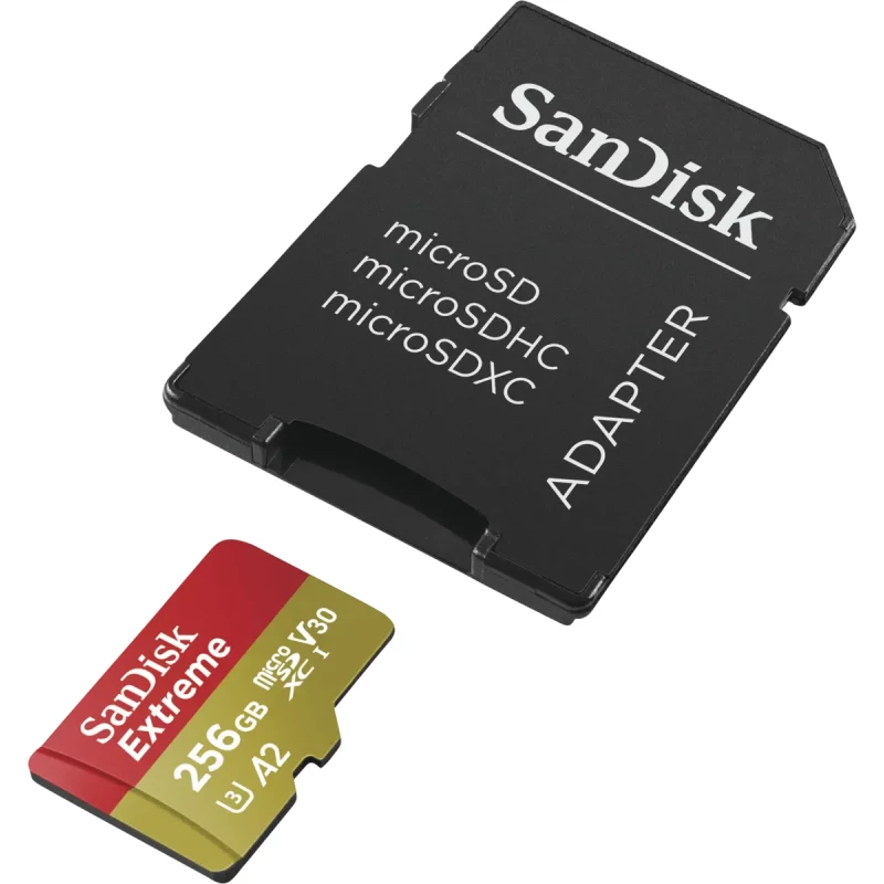 Мемори карта  SanDisk Extreme microSDXC 256GB + SD Adapter + 1 year RescuePRO Deluxe up to 190MB/s  130MB/s Read/Write speeds A2 C10 V30 UHS-I U3,