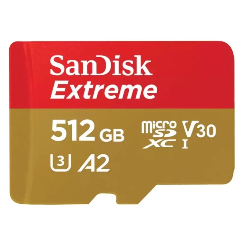 Мемори карта  SanDisk Extreme microSDXC 512GB + SD Adapter + 1 year RescuePRO Deluxe up to 190MB/s  130MB/s Read/Write speeds A2 C10 V30 UHS-I U3