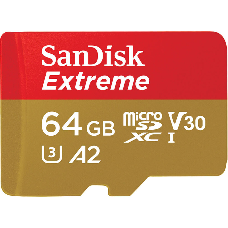 Мемори карта  SanDisk Extreme microSDXC 64GB + SD Adapter + 1 year RescuePRO Deluxe up to 170MB/s  80MB/s Read/Write speeds A2 C10 V30 UHS-I U3,