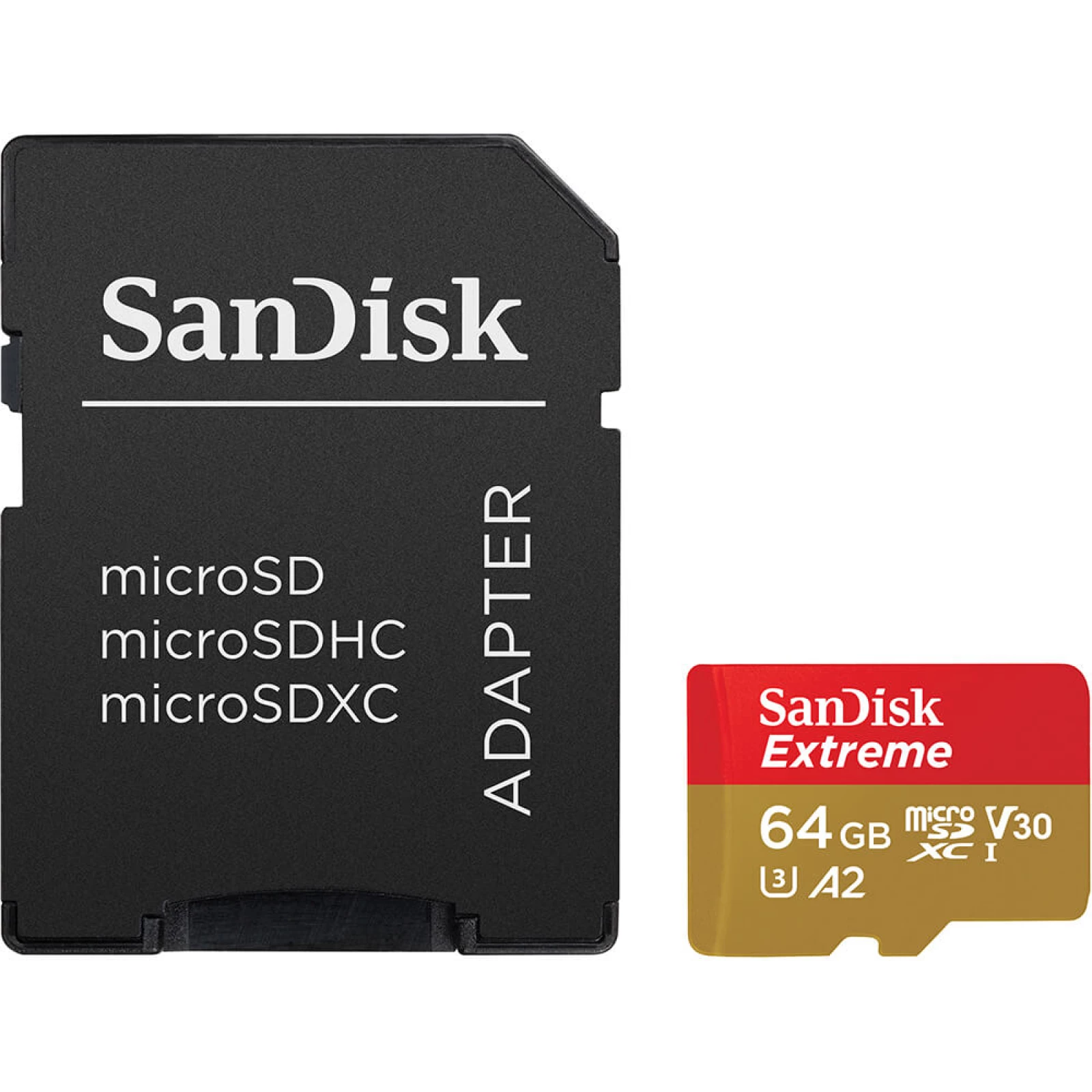 Мемори карта  SanDisk Extreme microSDXC 64GB + SD Adapter + 1 year RescuePRO Deluxe up to 170MB/s  80MB/s Read/Write speeds A2 C10 V30 UHS-I U3,