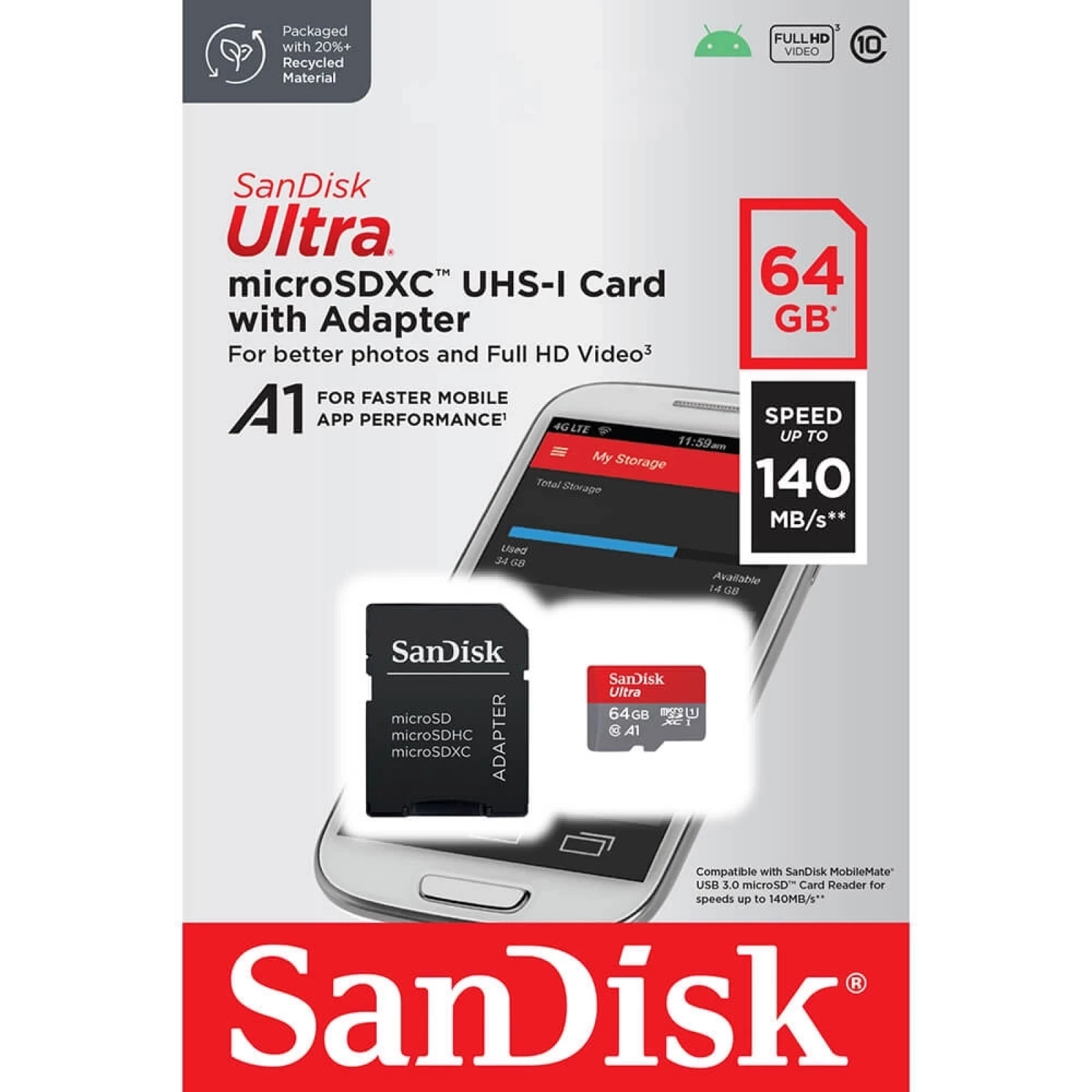 Мемори карта SanDisk Ultra microSDXC 64GB + SD Adapter 140MB/s A1 Class 10 UHS-I