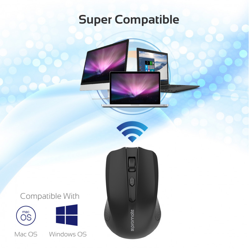 Мишка ProMate, Clix-8,2.4GHz Ergonomic Wireless Optical Mouse • Works Up to 10m • 800/1200/1600 DPI Adjustable • Low Power Consumption, Черен