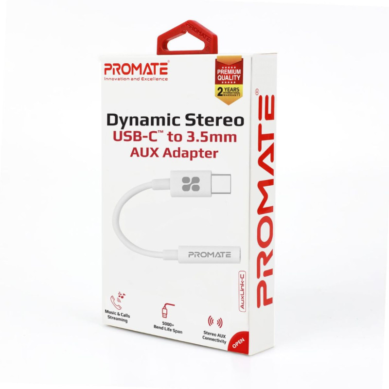Адаптор ProMate AUXLINK-C,  Type-C to 3.5mm AUX Adapter, 12cm - Бял