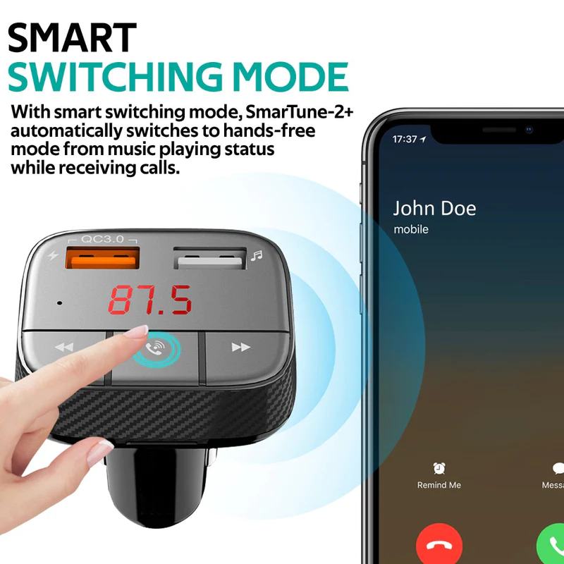 FM трансмитър ProMate Smartune-2+,  Universal Bluetooth v5.0 Car FM Modulator With Quick Charge 3.0 Port • Handsfree Support • Multiple Playback Options, Черен