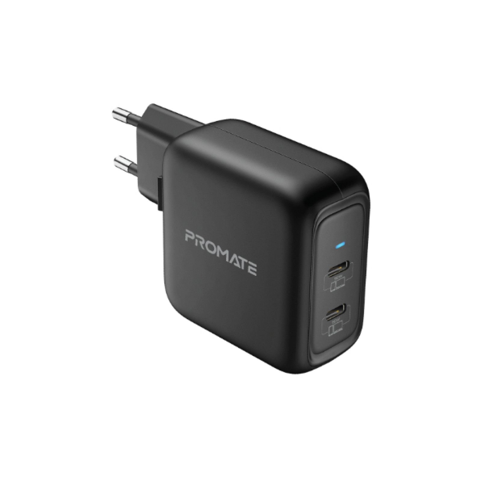 Зарядно 220V ProMate, GANPORT-90PD, 90W Power Delivery GaNFast™ Charging Adapter • Dual USB-C Ports • Fast Charging Power Delivery for iPhone 8 and up • Quick Charge for All Androids, Черен