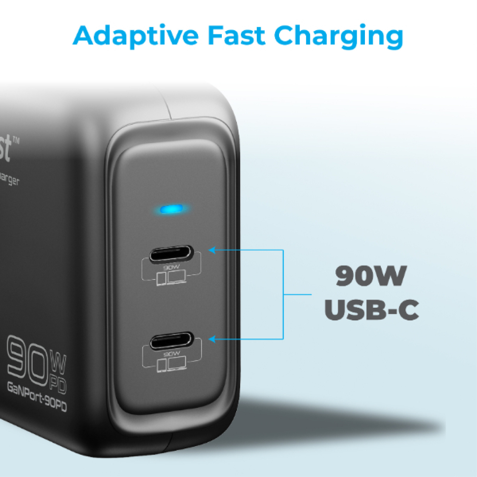 Зарядно 220V ProMate, GANPORT-90PD, 90W Power Delivery GaNFast™ Charging Adapter • Dual USB-C Ports • Fast Charging Power Delivery for iPhone 8 and up • Quick Charge for All Androids, Черен