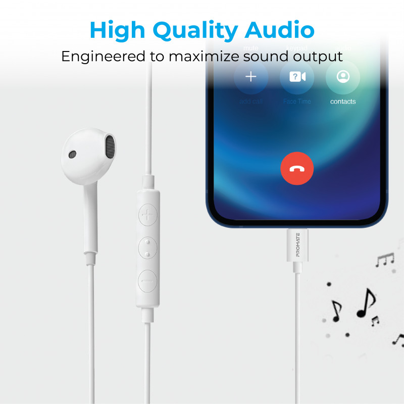Слушалки ProMate GEARPOD-LT,Apple MFi Certified High-Performance Mono Earbud • Universal Volume Control • Inline Microphone • Anti-Tangle High Tensile Strength Cable, Бял