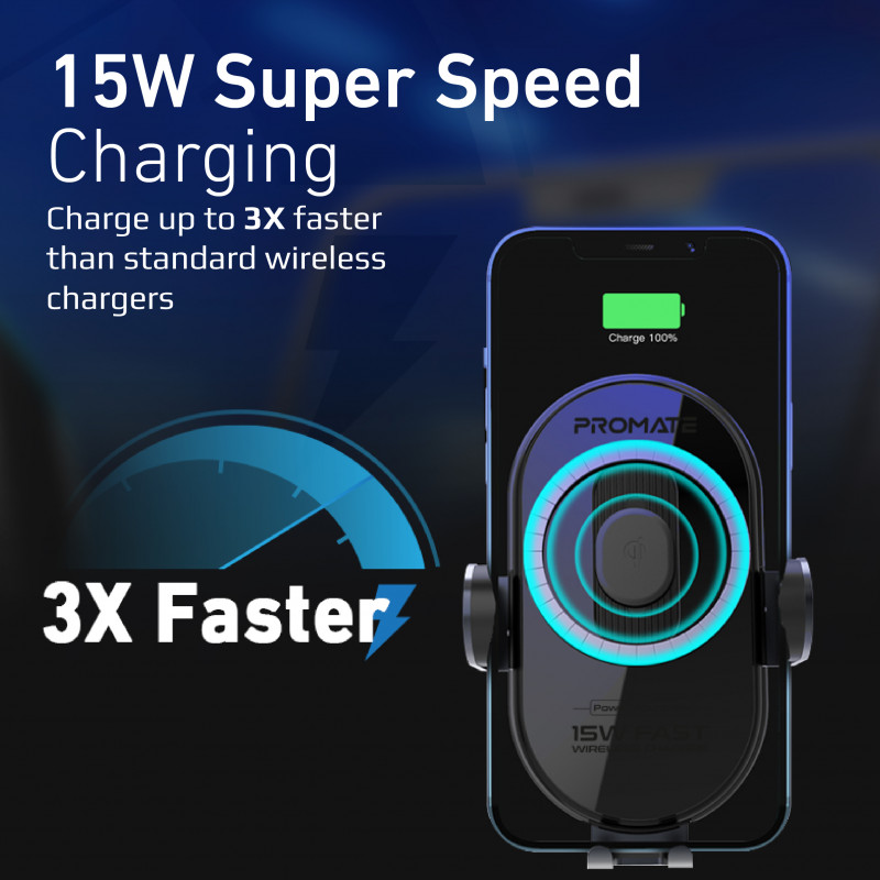 Безжично зарядно ProMate Powermount, 15W Smart Sensor Car Wireless Charger • Auto-Alignment Qi Coil •  Gooseneck Dash and AC Vent Mount • Intelligent Auto Clamping • 4.7-6.7  Compatibility , Черен