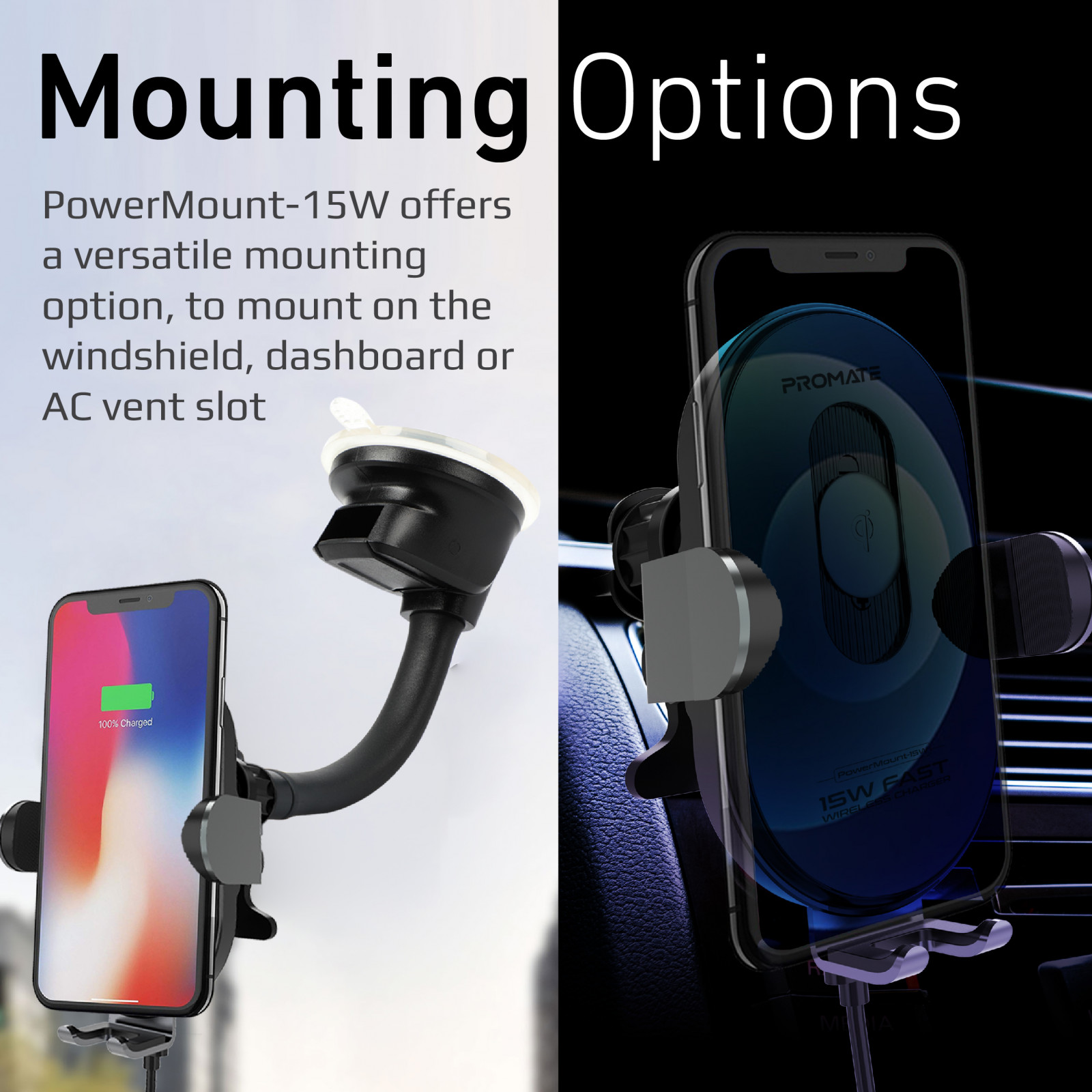 Безжично зарядно ProMate Powermount, 15W Smart Sensor Car Wireless Charger • Auto-Alignment Qi Coil •  Gooseneck Dash and AC Vent Mount • Intelligent Auto Clamping • 4.7-6.7  Compatibility , Черен