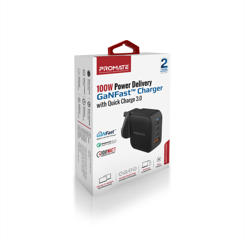 Зарядно ProMate, GANPORT4-100PD,100W Power Delivery GaNFast™ Charger with Quick Charge 3.0 • 100W Power Delivery • Qualcomm Quick Charge 3.0 • 4 Devices Simultaneous Charging, Черен