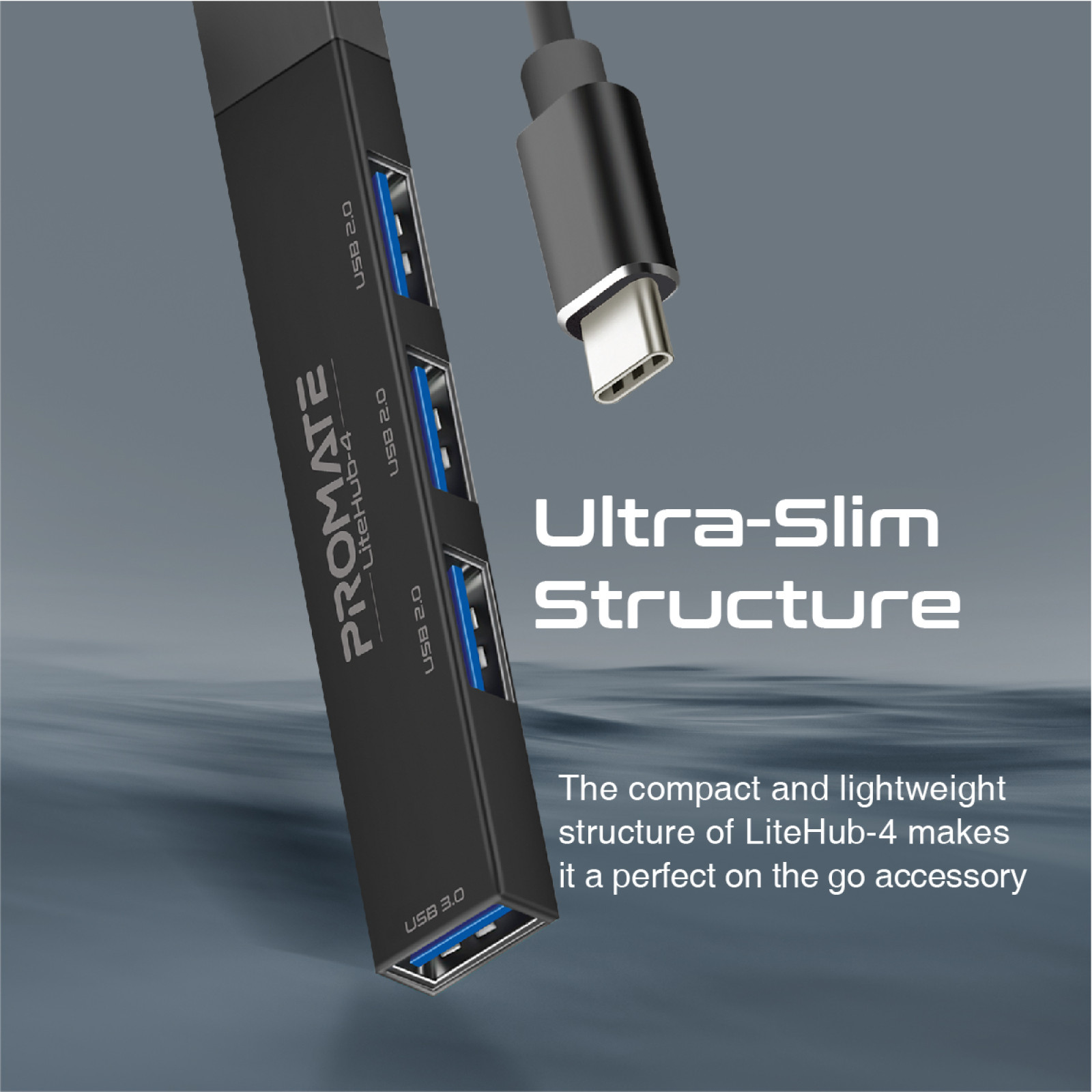 Хъб ProMate LITEHUB-4, 4-in-1 Multi-Port USB-C Data Hub,  USB-A Adaptor, 5V, 1A- Черен
