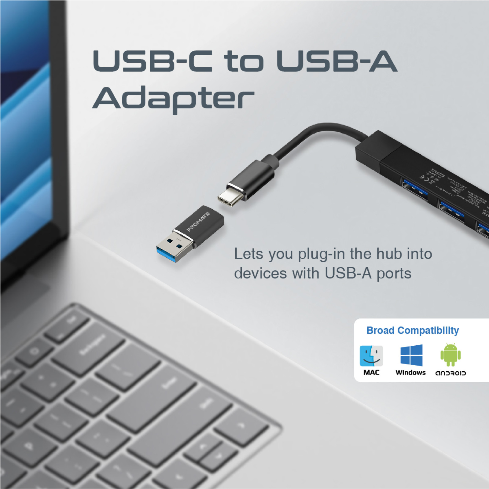 Хъб ProMate LITEHUB-4, 4-in-1 Multi-Port USB-C Data Hub,  USB-A Adaptor, 5V, 1A- Черен