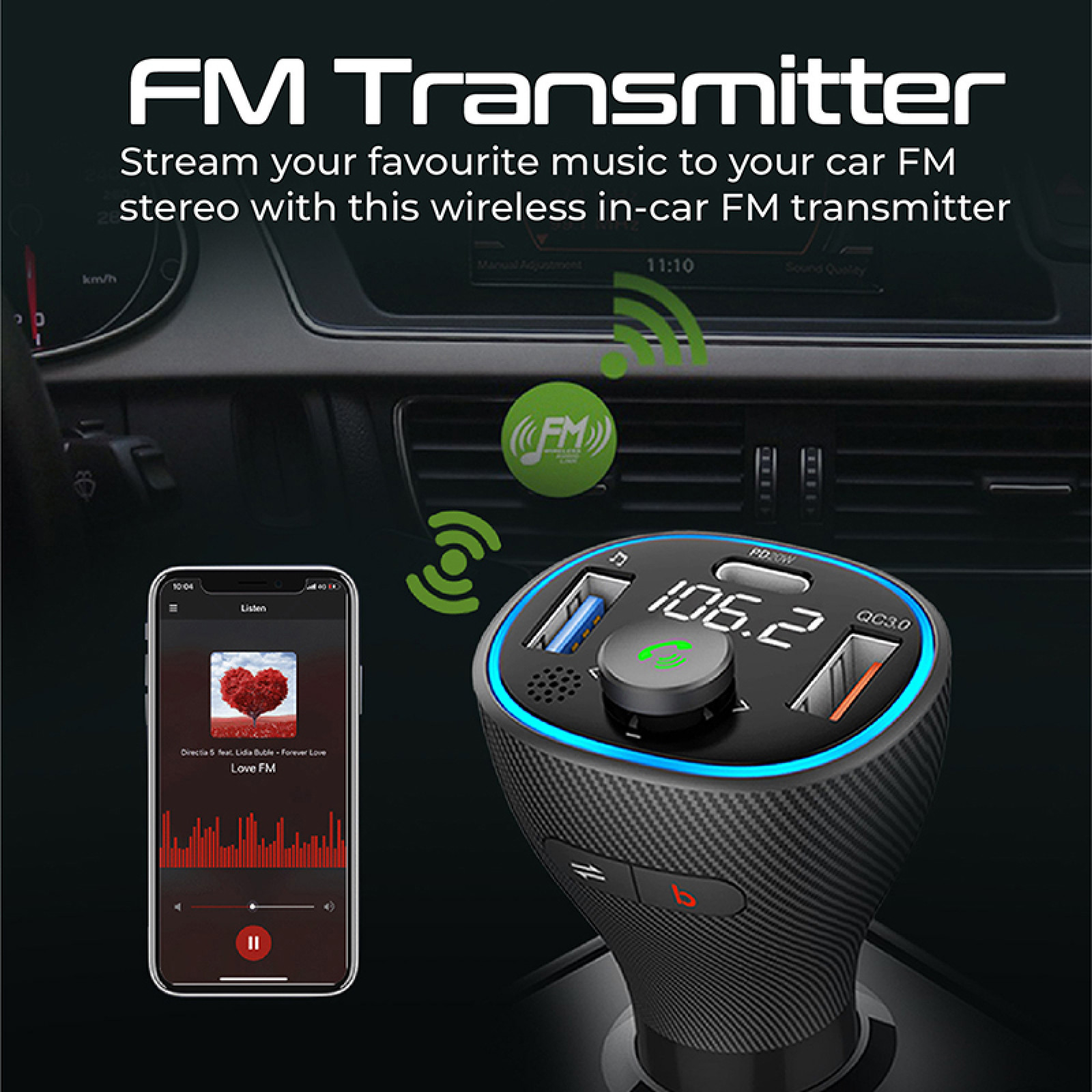 Wireless  трасмитер за кола POWERTUNE-38W Car FM Transmitter with 20W PD, QC 3.0, 1A  USB Charging and Handsfree