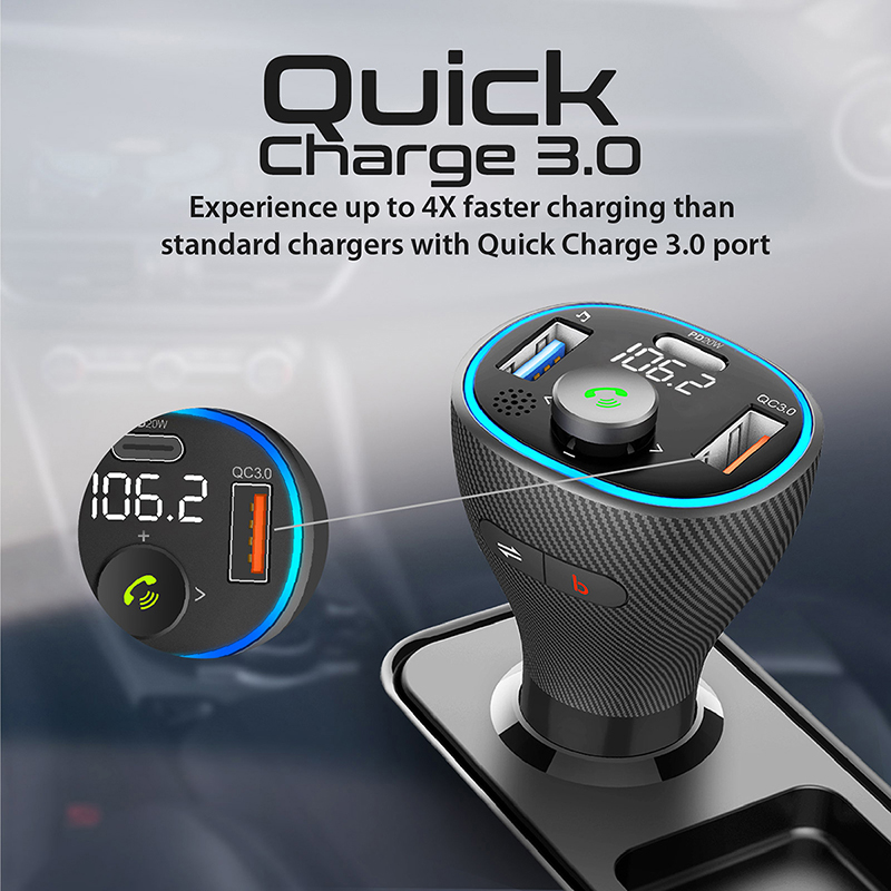 Wireless  трасмитер за кола POWERTUNE-38W Car FM Transmitter with 20W PD, QC 3.0, 1A  USB Charging and Handsfree