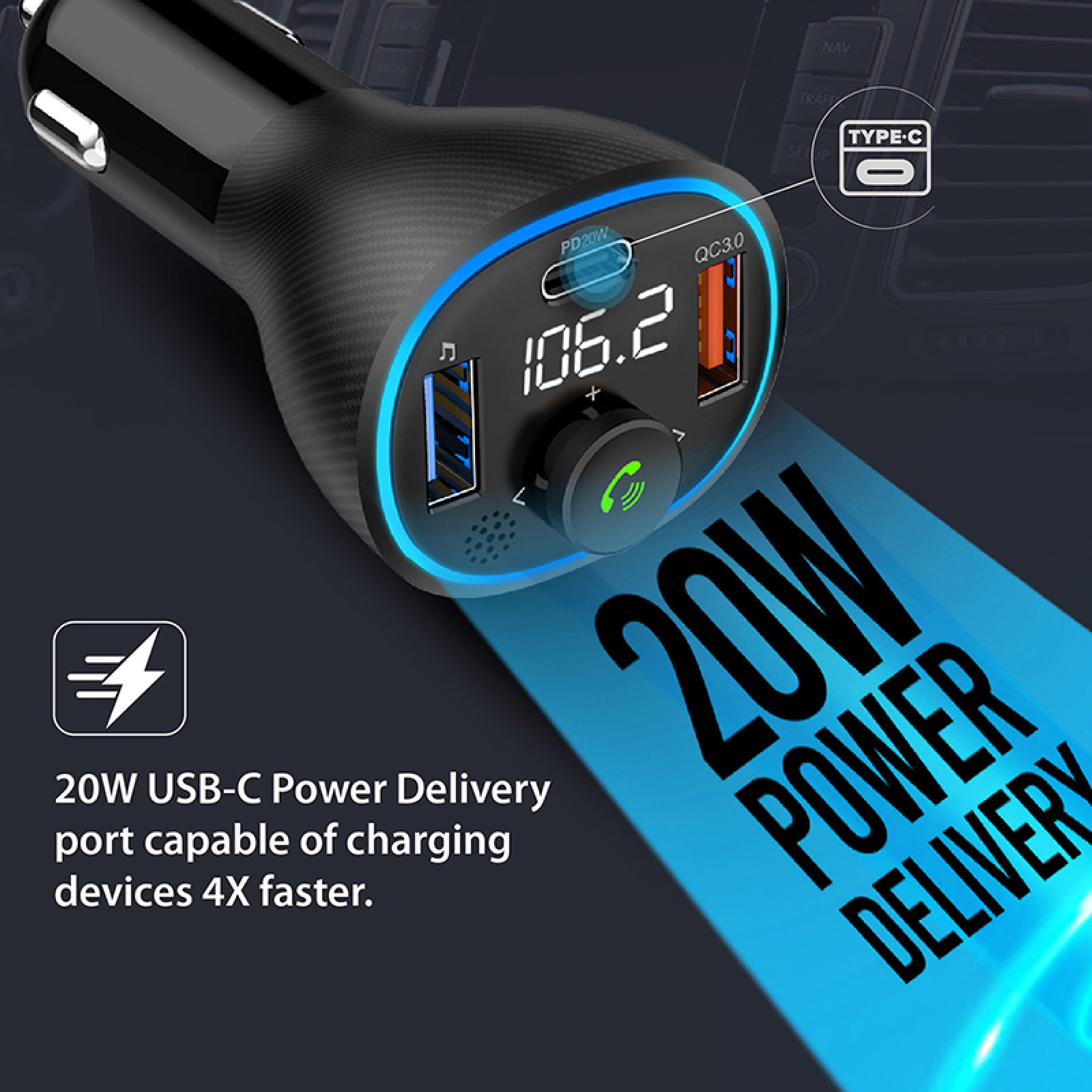 Wireless  трасмитер за кола POWERTUNE-38W Car FM Transmitter with 20W PD, QC 3.0, 1A  USB Charging and Handsfree