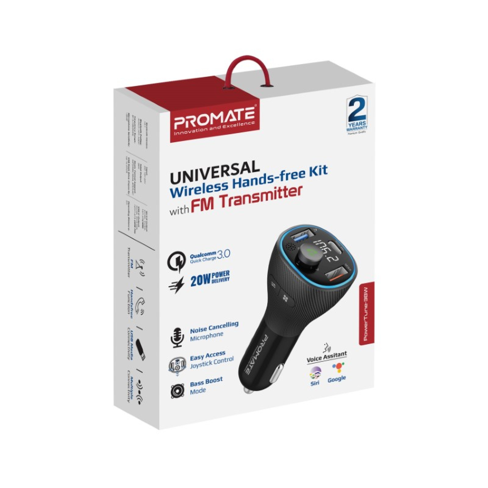 Wireless  трасмитер за кола POWERTUNE-38W Car FM Transmitter with 20W PD, QC 3.0, 1A  USB Charging and Handsfree