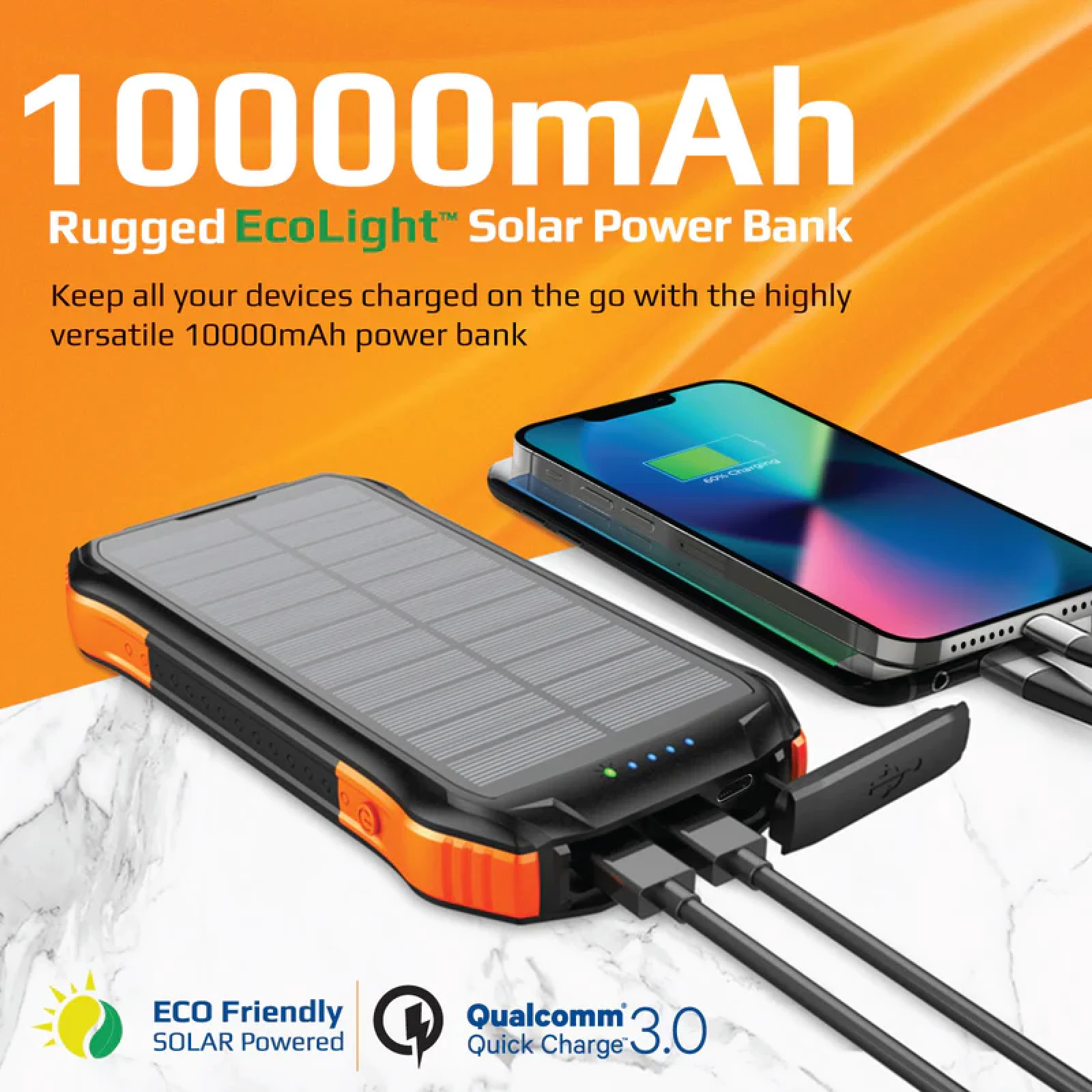 Външна батерия ProMate, SolarTank-10PDQi ,PowerBank , Rugged, EcoLight 20W / 3.0 QC 5 in 1 10000mAh - Черна