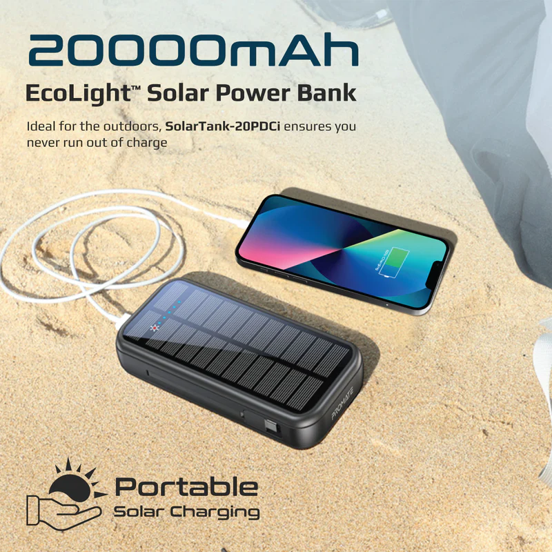 Външна батерия ProMate Solar PowerBank 20W / 3.0 QC 5 in 1 20000mAh с кабел Lightning и Type C - Черна