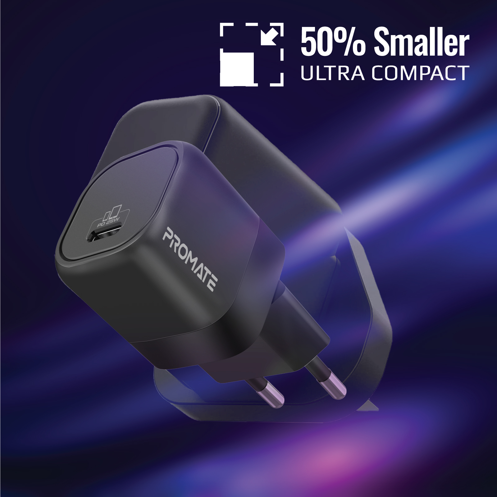Зарядно 220V ProMate,POWERPORT-25, 25W Power Delivery USB-C Wall Charger • Adaptive Fast Charging Power Delivery  • Surge Protection • Automatic Voltage Regulation, Черен