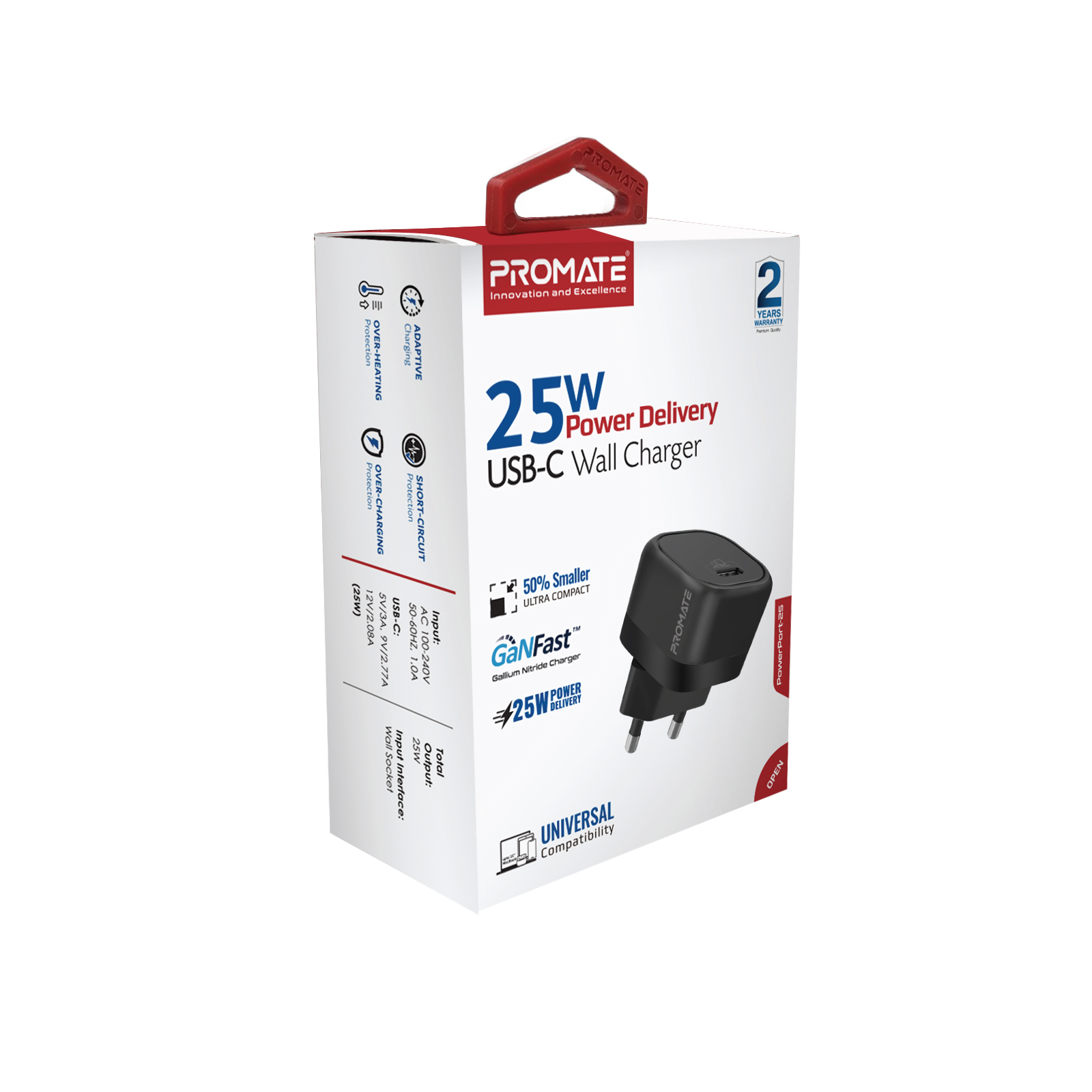 Зарядно 220V ProMate,POWERPORT-25, 25W Power Delivery USB-C Wall Charger • Adaptive Fast Charging Power Delivery  • Surge Protection • Automatic Voltage Regulation, Черен
