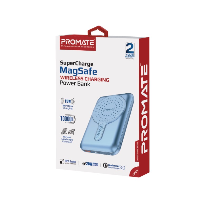 Външна батерия ProMate POWERMAG-10PRO.BLUE 10000mAh MagSafe Wireless PowerBank with 20W USB-C PD, QC3.0 and KickStand - Синя