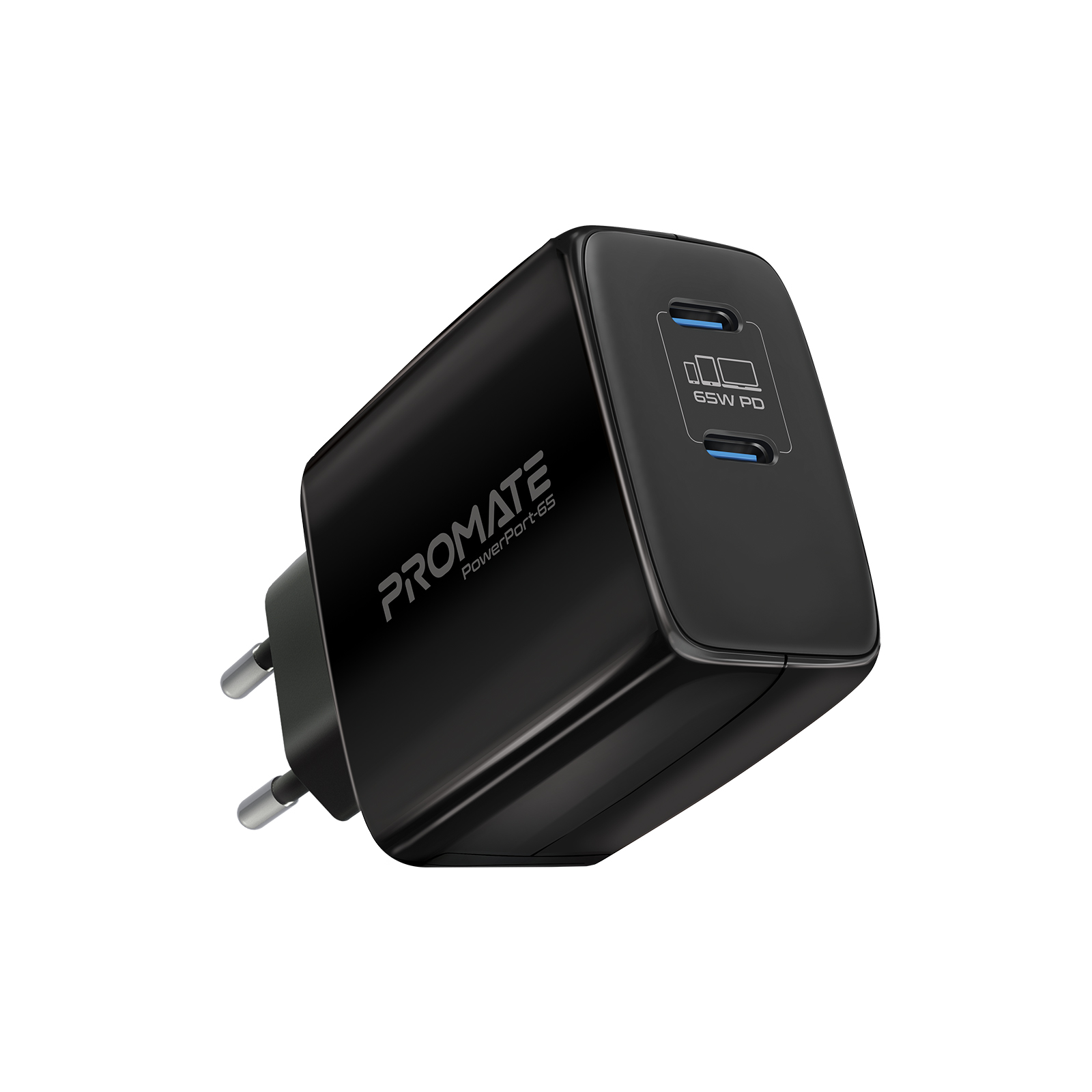 Зарядно 220V ProMate,POWERPORT-65, 65W Super Speed GaNFast Charging Adapter with Dual USB Ports •  Smaller and Lighter • Dual USB-C Device Charging, Черен