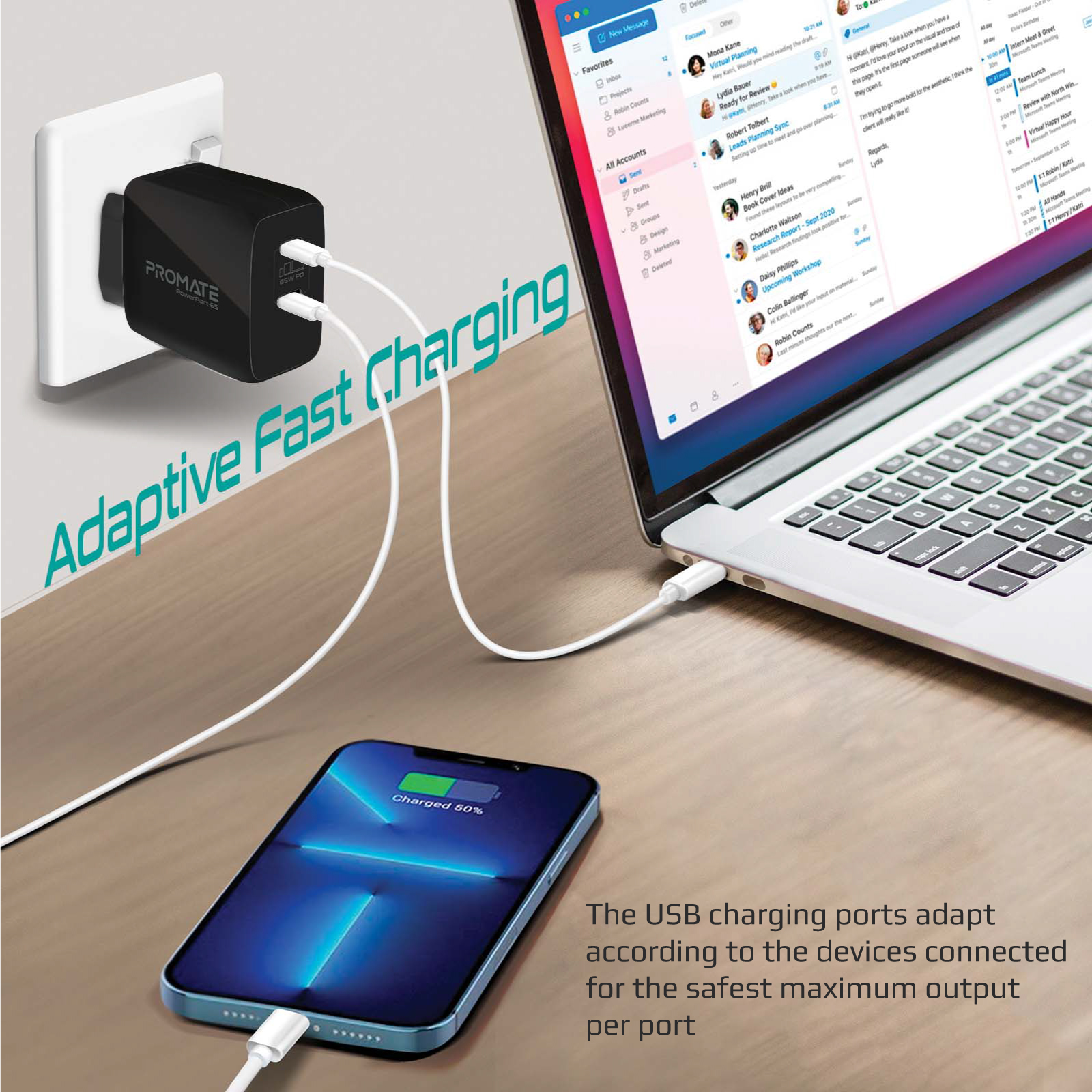 Зарядно 220V ProMate,POWERPORT-65, 65W Super Speed GaNFast Charging Adapter with Dual USB Ports •  Smaller and Lighter • Dual USB-C Device Charging, Черен