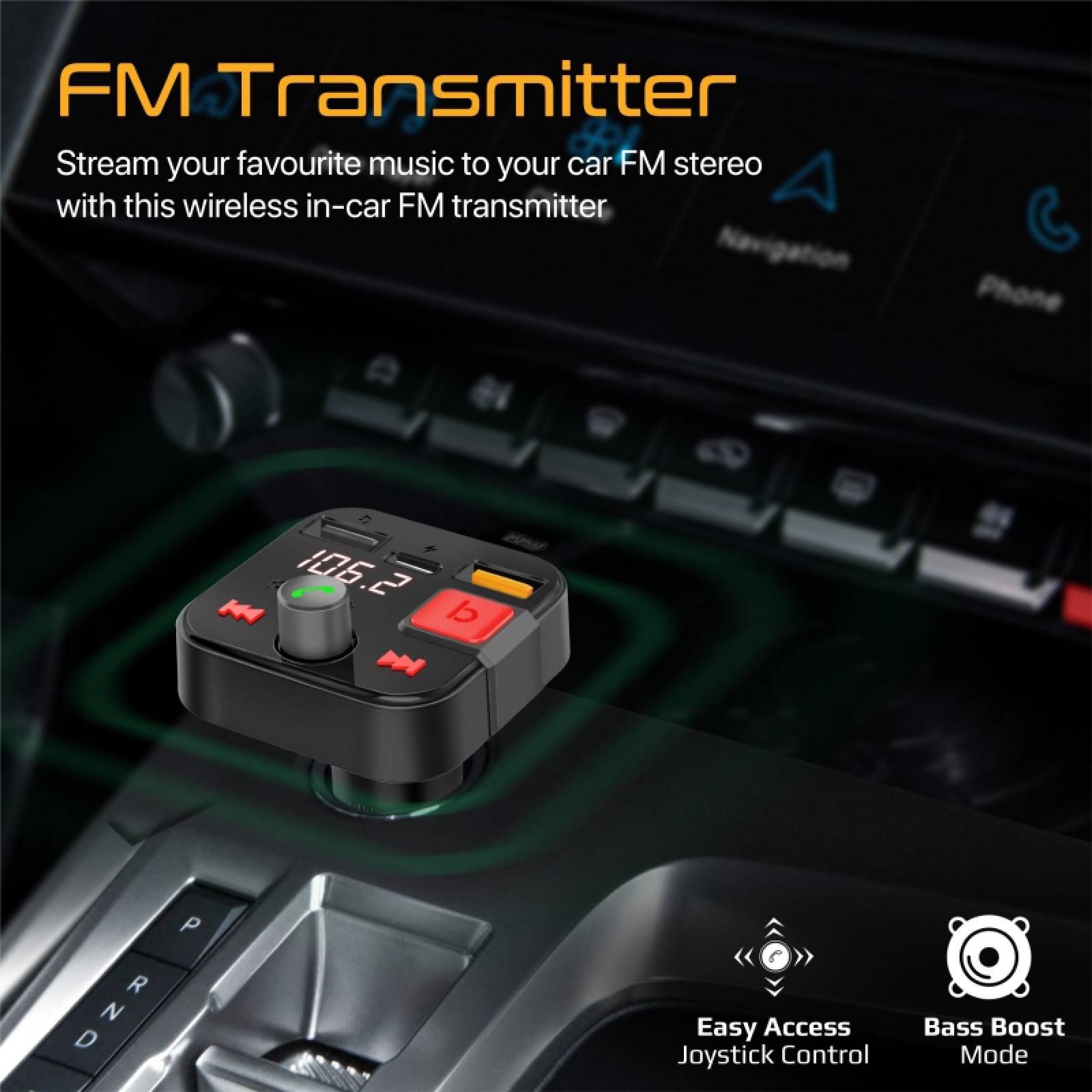 Bluetooth трансмитер за кола PowerTune-30W  FM Transmitter with Handsfree, Quick Charge 3.0, USB-C and USB-A Ports