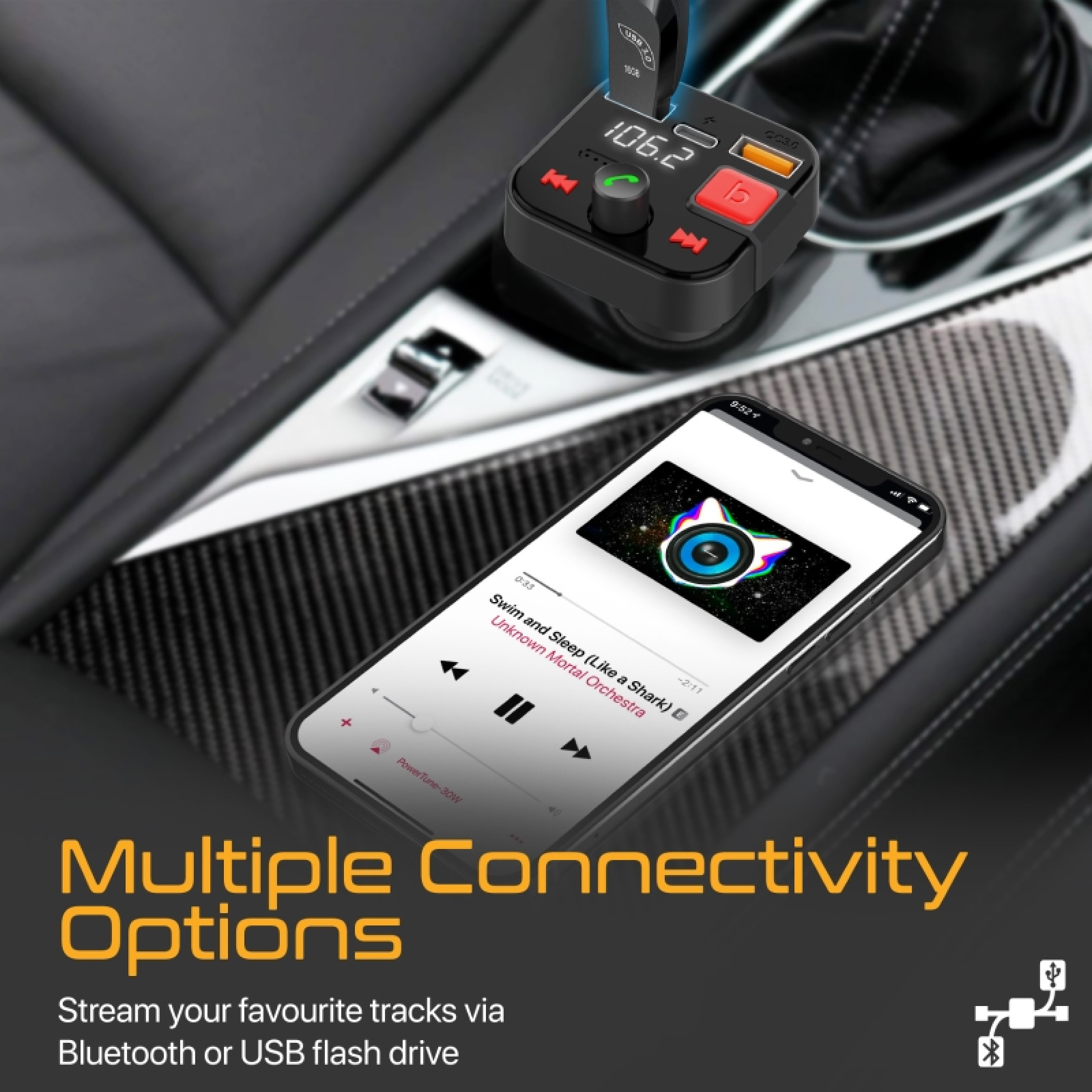 Bluetooth трансмитер за кола PowerTune-30W  FM Transmitter with Handsfree, Quick Charge 3.0, USB-C and USB-A Ports