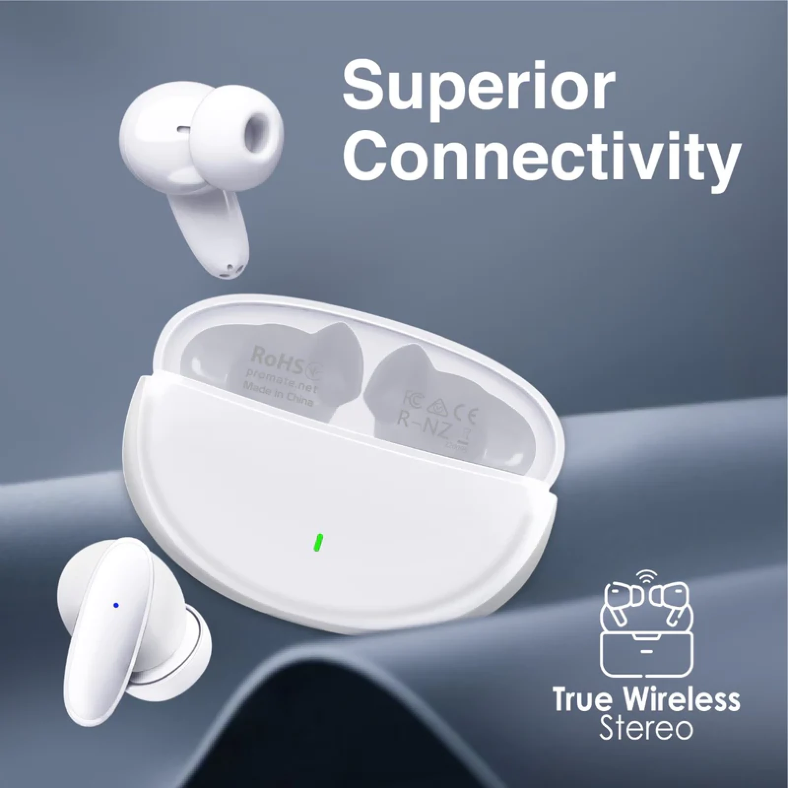 Безжични слушалки ProMate LUSH, Acoustic In-Ear TWS Bluetooth v5.1 Earphone • 19-Hour Playback • Ergonomic Fit Earbuds • Stable Connectivity, Бял