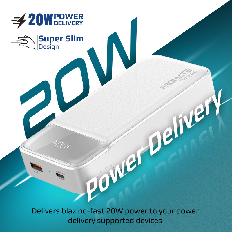 Външна батерия ProMate  TORQ-20 PowerBank  SuperSlim 20W / 3.0 QC, LCD, 20000mAh - Бяла
