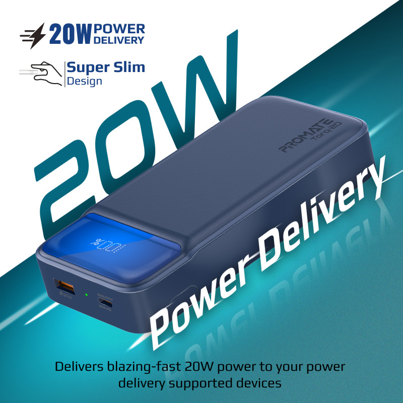 Външна батерия ProMate  TORQ-20 PowerBank  SuperSlim 20W / 3.0 QC, LCD, 20000mAh - Синя