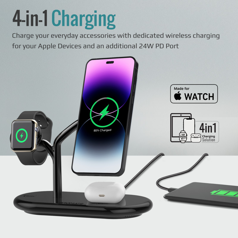 Безжично зарядно ProMate Synergy, MFI Certified 65W High Speed MagSafe Charging Station • 15W Qi Charging • 5W Apple Watch Charger • 10W Qi Charger • 24W USB-C Power Delivery • Qi Certified, Черен