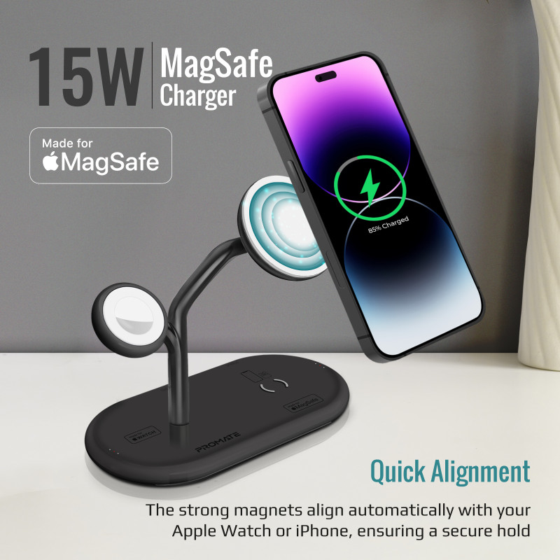 Безжично зарядно ProMate Synergy, MFI Certified 65W High Speed MagSafe Charging Station • 15W Qi Charging • 5W Apple Watch Charger • 10W Qi Charger • 24W USB-C Power Delivery • Qi Certified, Черен