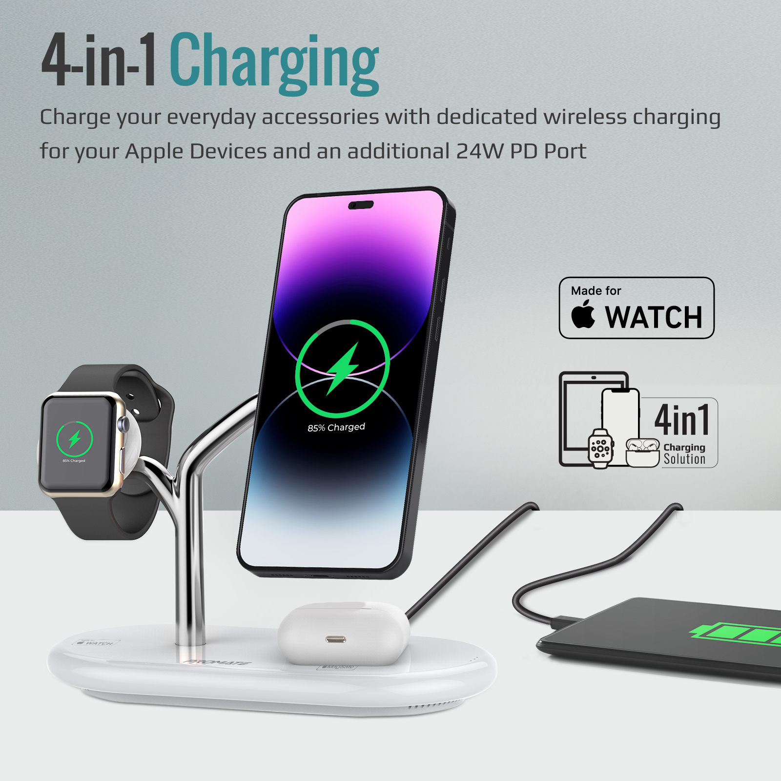 Безжично зарядно ProMate Synergy, MFI Certified 65W High Speed MagSafe Charging Station • 15W Qi Charging • 5W Apple Watch Charger • 10W Qi Charger • 24W USB-C Power Delivery • Qi Certified, Бял