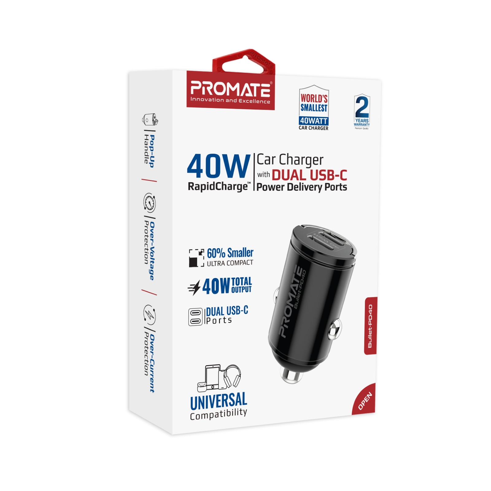 Зарядно за кола 12V ProMate, BULLET-PD40, RapidCharge 40W Quick Charging Mini Car Charger • 2 20W Power Delivery for Tablets and Smart Phones •  Super-Mini Form Factor , Черен