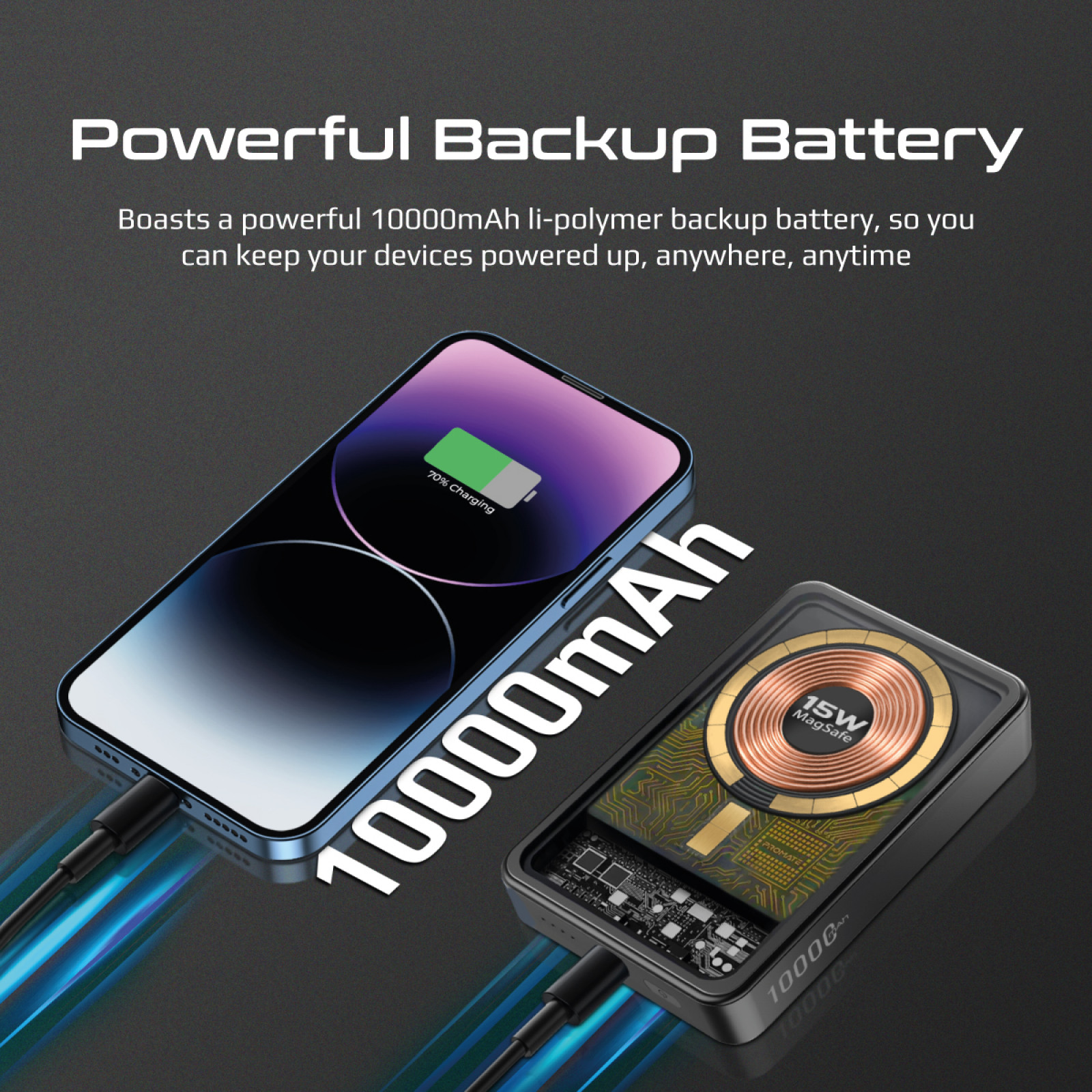 Външна батерия ProMate LUCIDPACK-10 PowerBank MagSafe Wireless 15W / PD 20W / USB Type-C 10000mAh - Прозрачна/черна