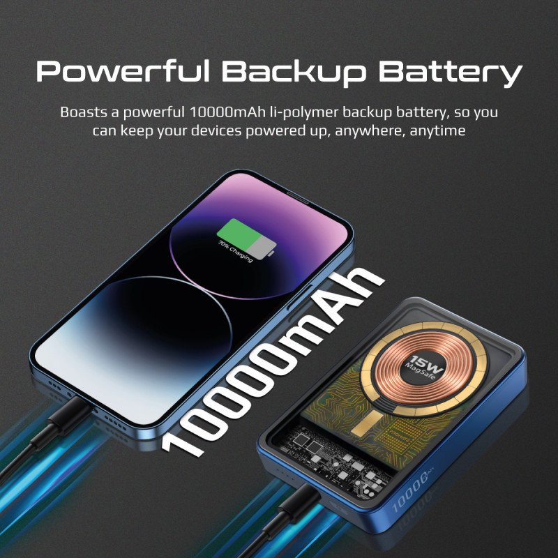Външна батерия ProMate LUCIDPACK-10 PowerBank MagSafe Wireless 15W / PD 20W / USB Type-C 10000mAh - Прозрачна/синя