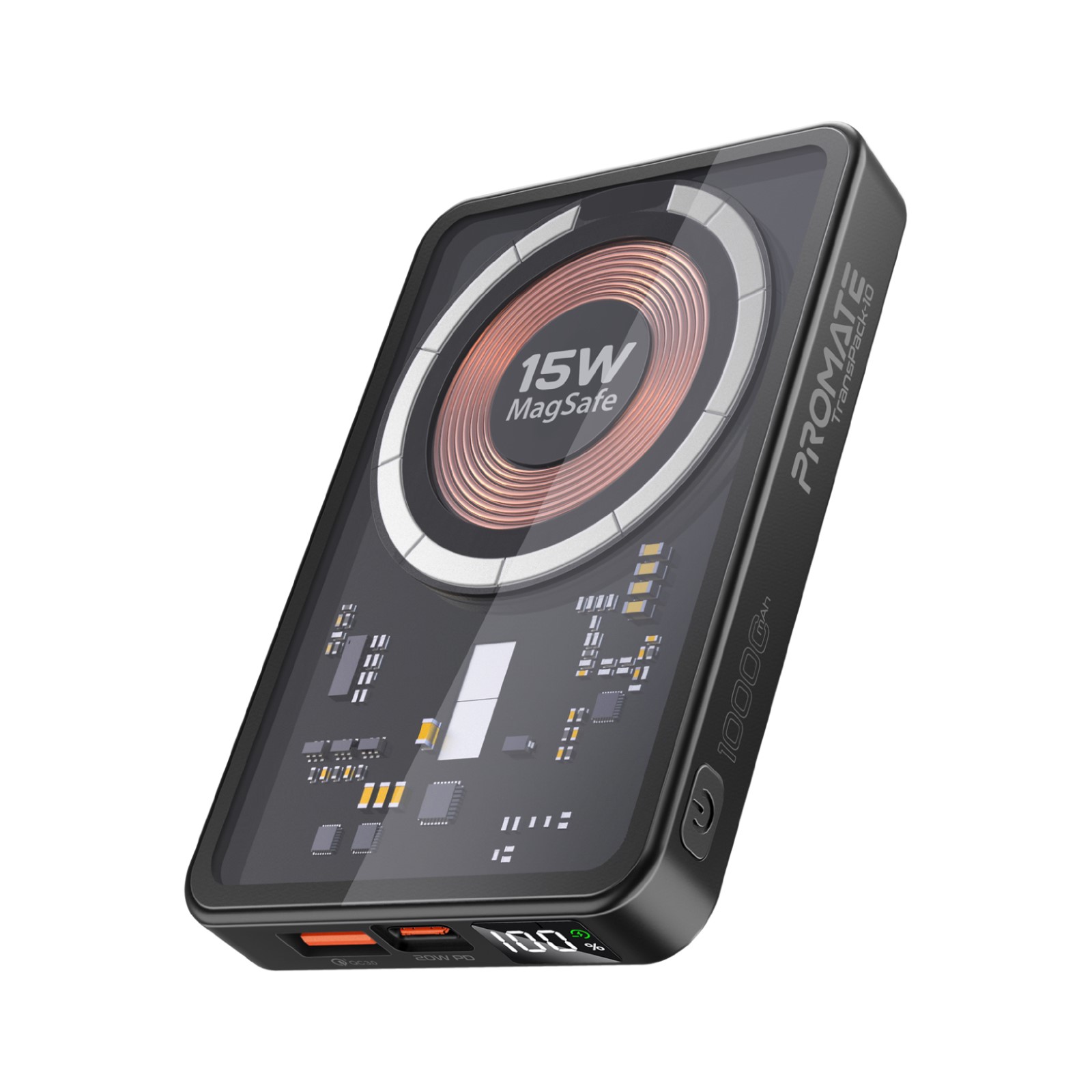 Външна батерия ProMate TRANSPACK PowerBank MagSafe  15W / 3.0 QC, LCD, 10000mAh - Черна