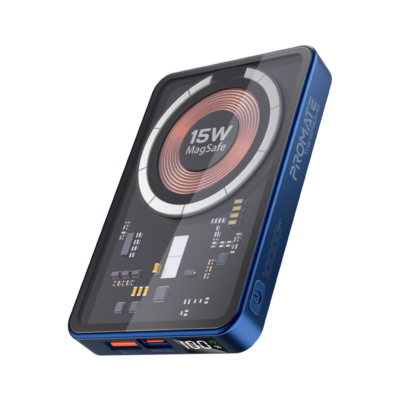 Външна батерия ProMate TRANSPACK PowerBank MagSafe  15W / 3.0 QC, LCD, 10000mAh - Синя