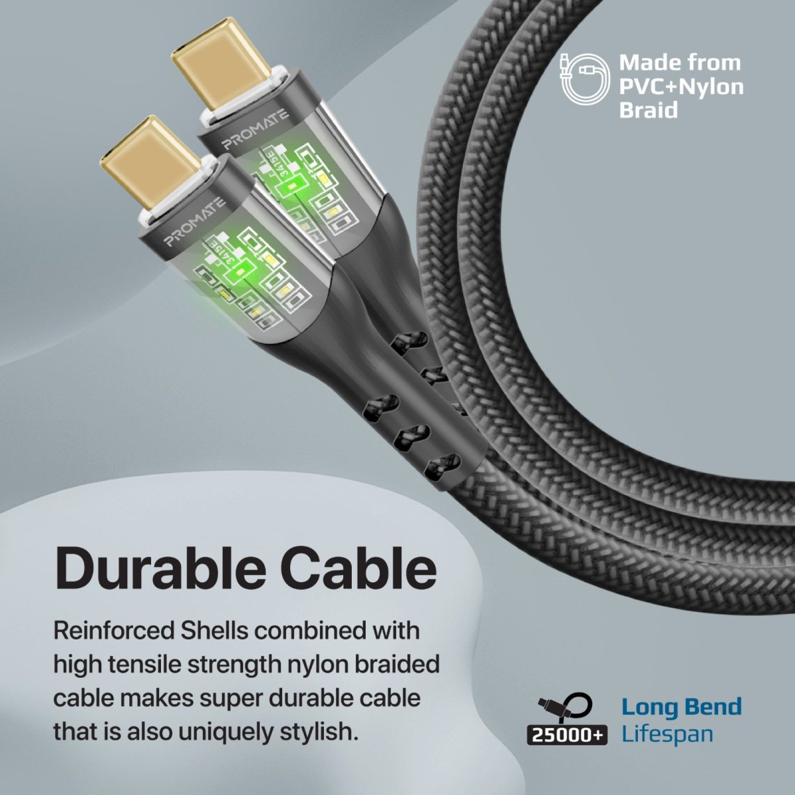 Data cable ProMate TRANSLINE-CC Type C към Type C , 60W PD, 120см - Черен