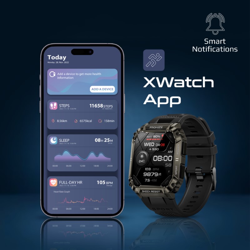 Smart Часовник ProMate XWATCH-S19.BLACK  1.95" BT Calling Sports Smartwatch with Fitness Tracker, Multi-Sport, Health Sensors, IP67 - Черен