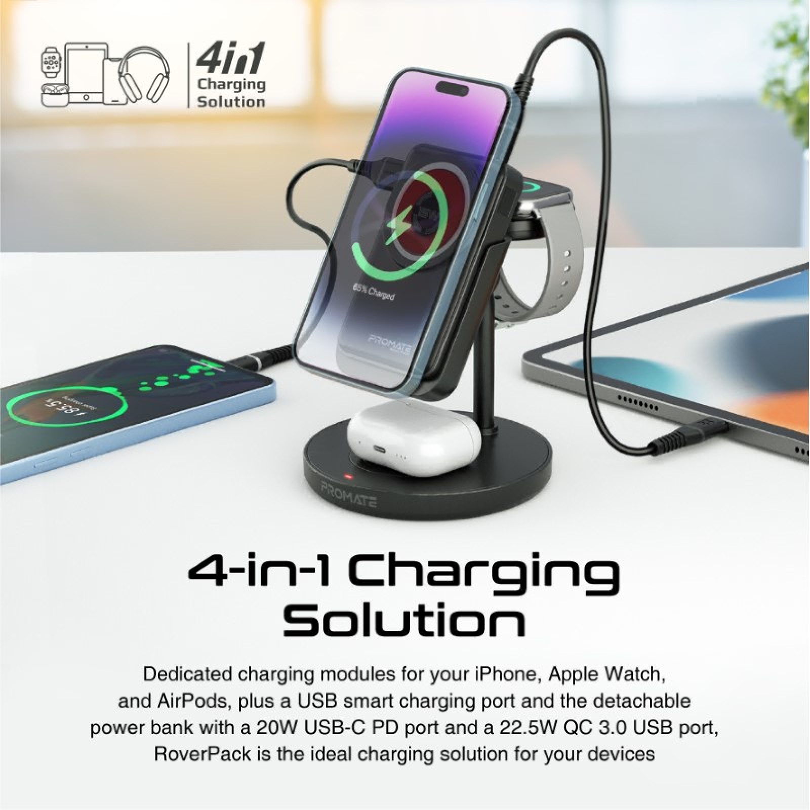 Зарядна станция ProMate  ROVERPACK 4 in 1 Charging station w/ Detachable 10000mAh 15W MagSafe Charger PowerBank, 5W AirPods Charger, 2W