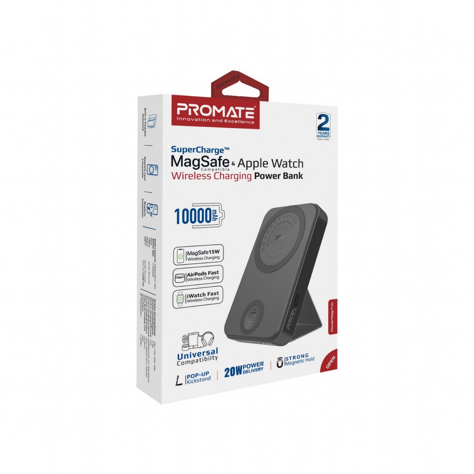 Външна батерия ProMate POWERMAG-TRIO.BLACK 10000mAh, 20W PD, Kickstand - Черна