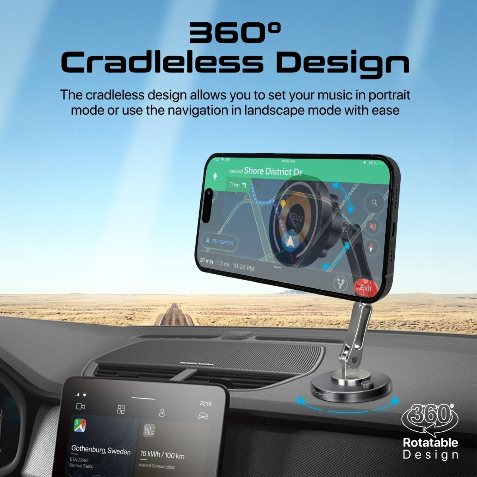 Безжична стойка за кола 12V ProMate MAGNUS-QI 360° Cradleless 15W MagSafe Compatible Wireless Charging Car mount, For Dashboard and Windshield, Tria