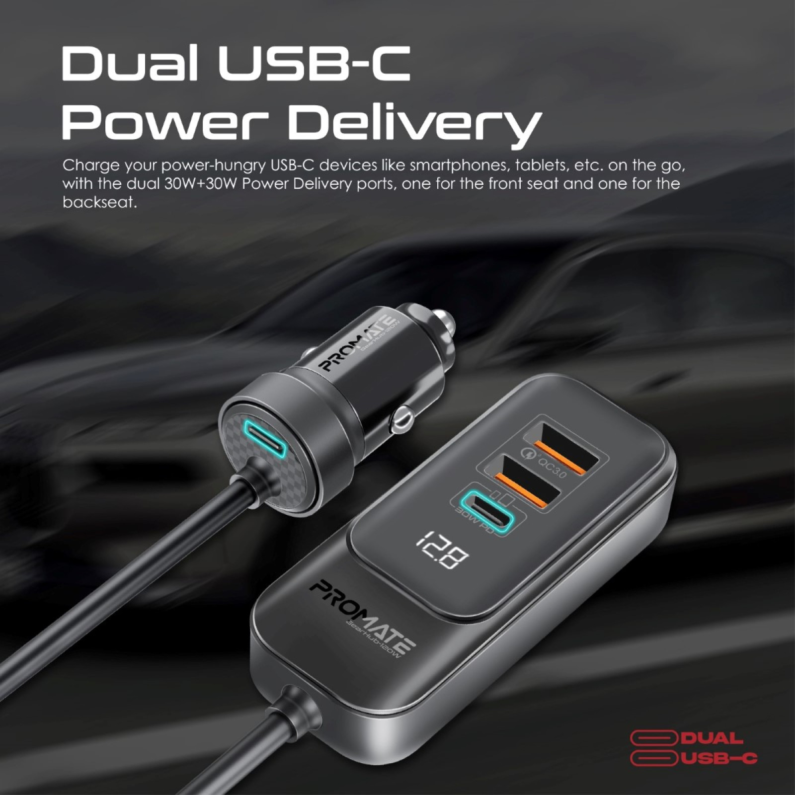 Зарядно за кола 12V ProMate GEARHUB-120W 120W Car charger w Car Backseat Charging Hub w 2 x 30W USB-C, 2 x 30W QC 3.0 ports, LED Display, 1