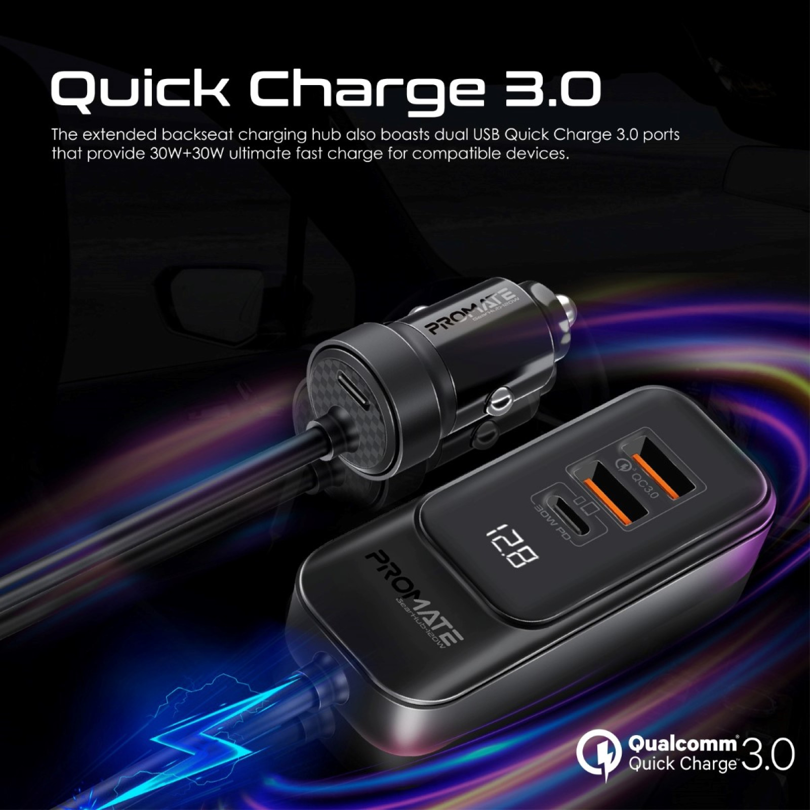 Зарядно за кола 12V ProMate GEARHUB-120W 120W Car charger w Car Backseat Charging Hub w 2 x 30W USB-C, 2 x 30W QC 3.0 ports, LED Display, 1